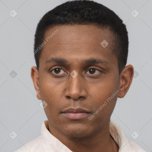 Neutral latino young-adult male with short  black hair and brown eyes
