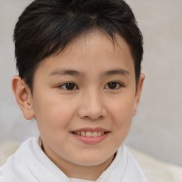 Joyful white child female with short  brown hair and brown eyes