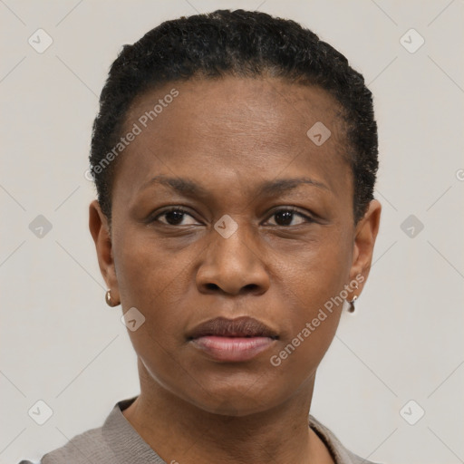 Neutral black young-adult female with short  black hair and brown eyes