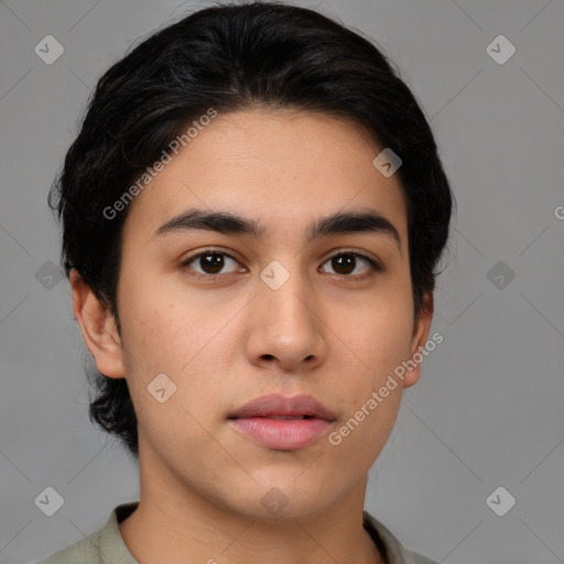 Neutral latino young-adult male with short  black hair and brown eyes