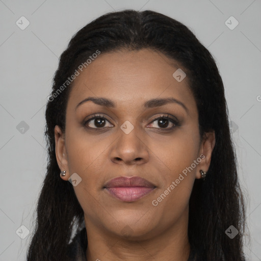 Joyful latino young-adult female with long  brown hair and brown eyes