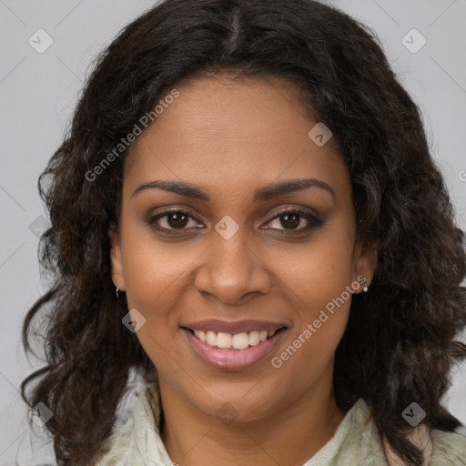 Joyful black young-adult female with medium  brown hair and brown eyes