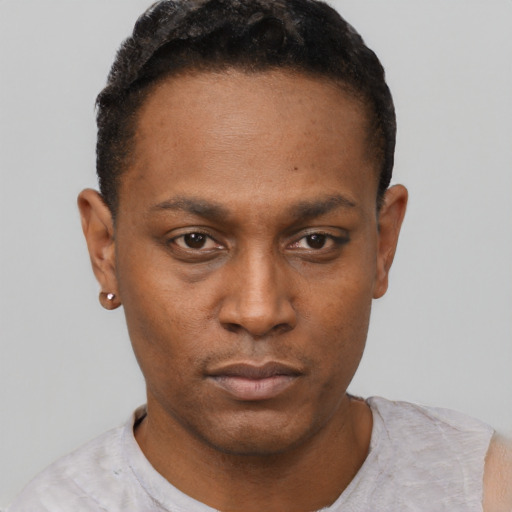 Neutral black young-adult male with short  black hair and brown eyes