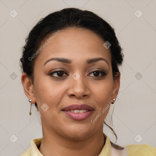 Joyful latino young-adult female with short  brown hair and brown eyes