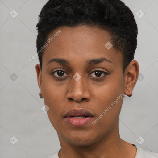 Neutral black young-adult female with short  black hair and brown eyes