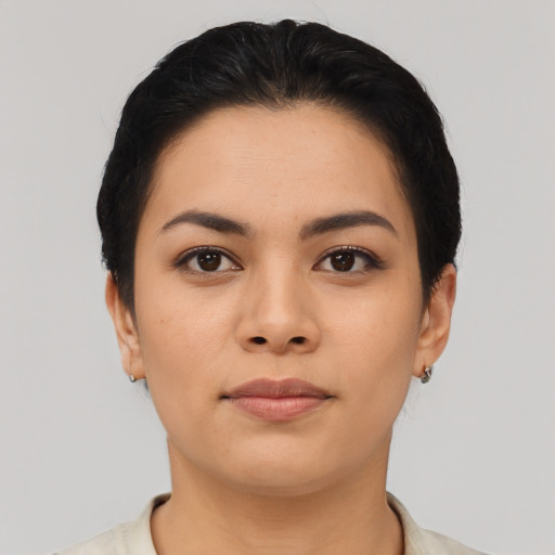 Neutral asian young-adult female with short  black hair and brown eyes