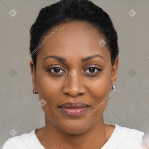 Joyful black young-adult female with short  black hair and brown eyes