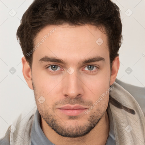 Neutral white young-adult male with short  brown hair and brown eyes