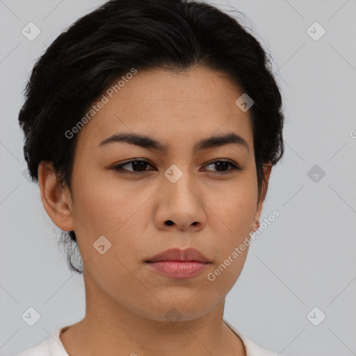 Neutral asian young-adult female with short  black hair and brown eyes