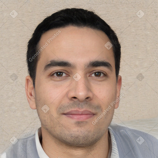 Neutral white young-adult male with short  black hair and brown eyes