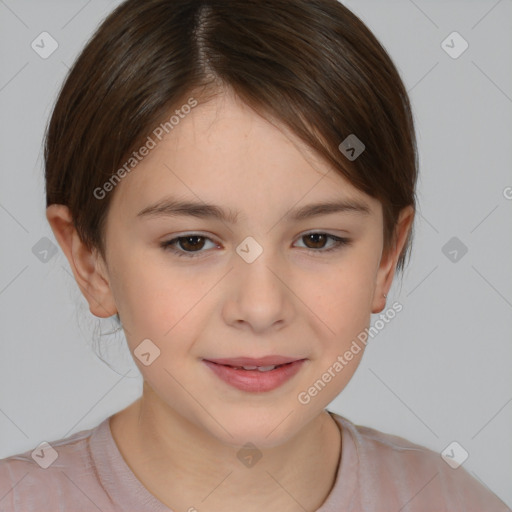 Joyful white child female with medium  brown hair and brown eyes