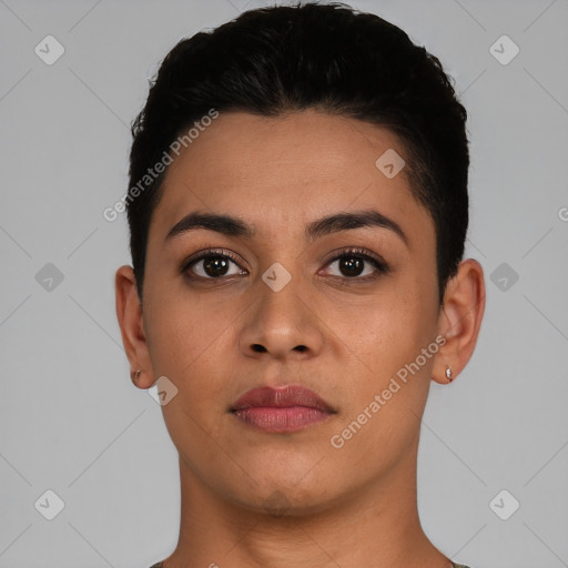 Neutral latino young-adult female with short  black hair and brown eyes