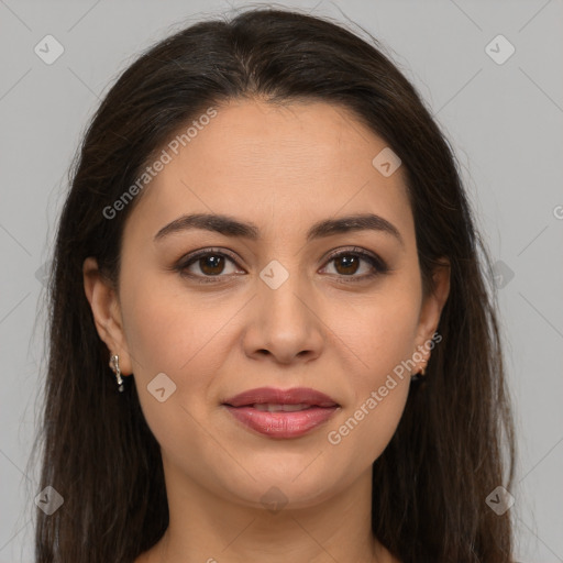 Joyful white young-adult female with long  brown hair and brown eyes