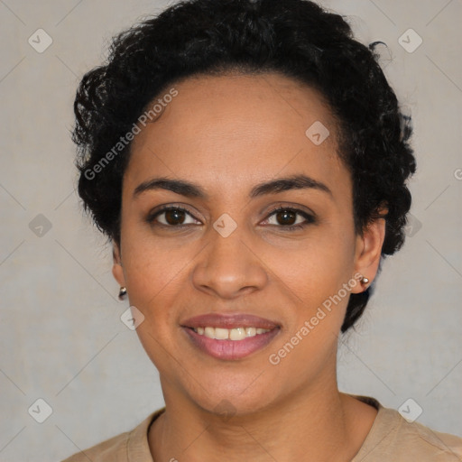 Joyful latino young-adult female with short  black hair and brown eyes