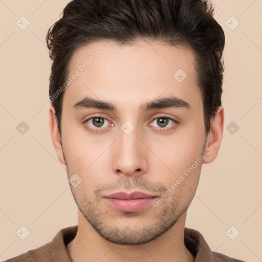 Neutral white young-adult male with short  brown hair and brown eyes