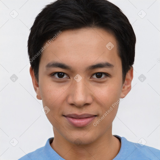 Joyful asian young-adult male with short  black hair and brown eyes