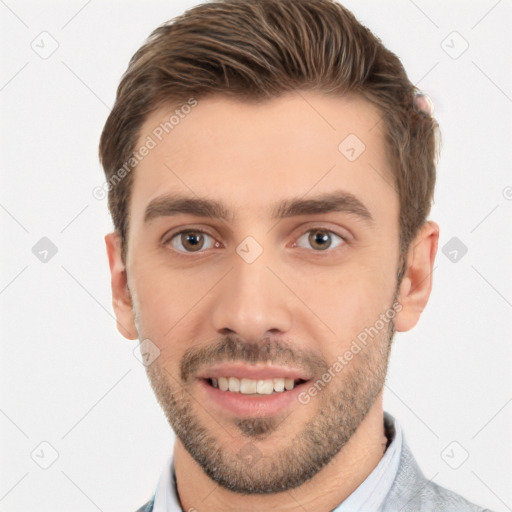 Joyful white young-adult male with short  brown hair and brown eyes