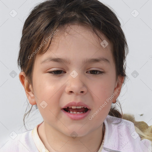 Joyful white child female with medium  brown hair and brown eyes