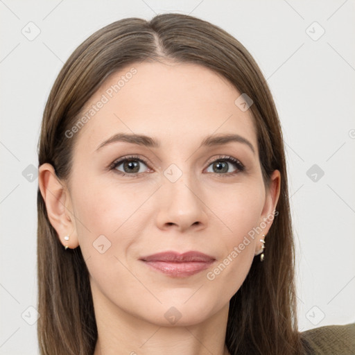 Joyful white young-adult female with long  brown hair and grey eyes