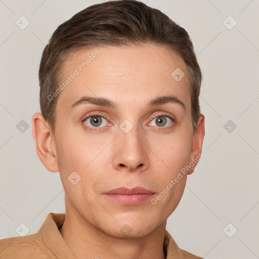 Neutral white young-adult male with short  brown hair and grey eyes