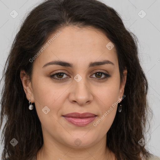 Joyful white young-adult female with long  brown hair and brown eyes