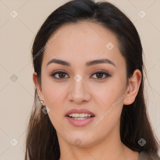 Joyful white young-adult female with long  brown hair and brown eyes