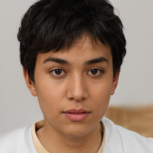 Neutral asian young-adult female with short  brown hair and brown eyes