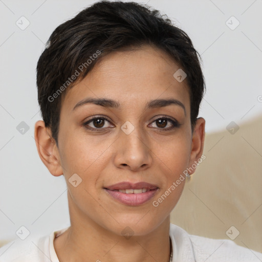 Joyful latino young-adult female with short  brown hair and brown eyes