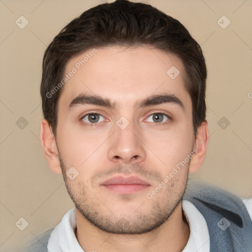 Neutral white young-adult male with short  brown hair and brown eyes