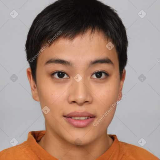 Joyful asian young-adult male with short  brown hair and brown eyes