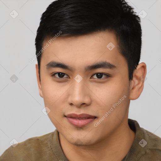 Neutral asian young-adult male with short  brown hair and brown eyes