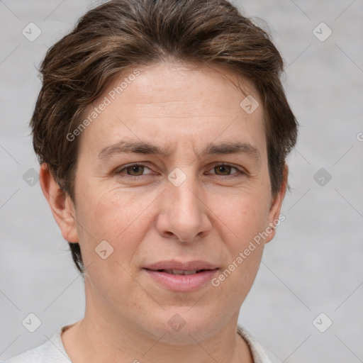 Joyful white adult female with short  brown hair and brown eyes