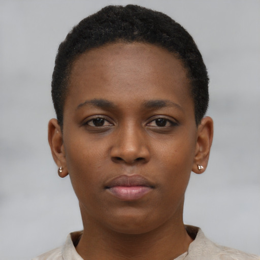 Neutral black young-adult female with short  black hair and brown eyes
