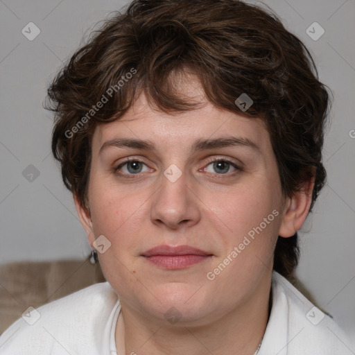 Joyful white young-adult female with medium  brown hair and green eyes