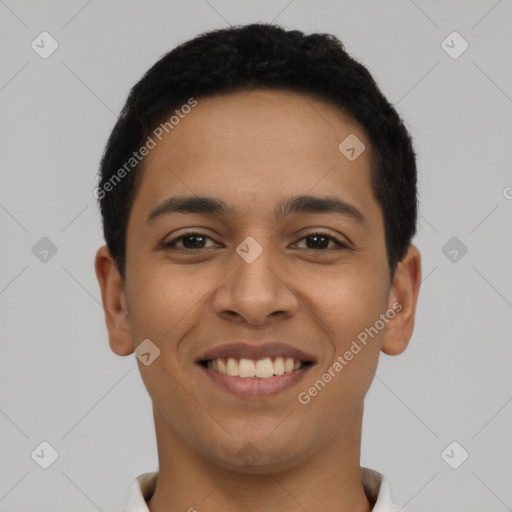 Joyful latino young-adult male with short  black hair and brown eyes