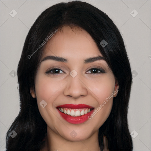 Joyful white young-adult female with long  black hair and brown eyes