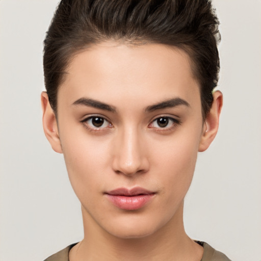 Neutral white young-adult female with short  brown hair and brown eyes