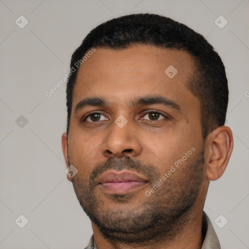 Neutral latino young-adult male with short  black hair and brown eyes