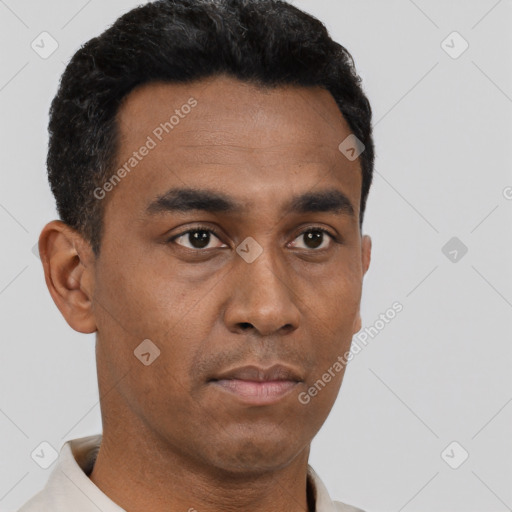 Neutral latino young-adult male with short  black hair and brown eyes