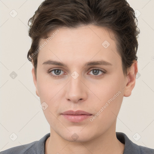 Neutral white young-adult female with short  brown hair and brown eyes