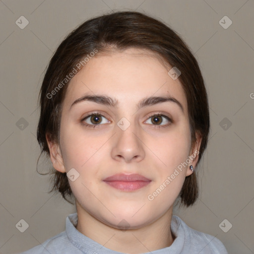 Neutral white young-adult female with medium  brown hair and brown eyes