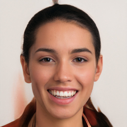 Joyful white young-adult female with long  black hair and brown eyes