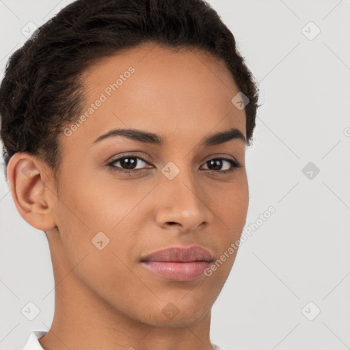 Joyful latino young-adult female with short  brown hair and brown eyes