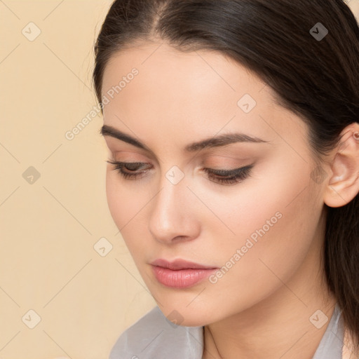 Neutral white young-adult female with medium  brown hair and brown eyes