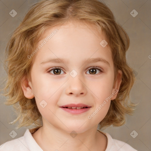 Joyful white child female with medium  brown hair and brown eyes