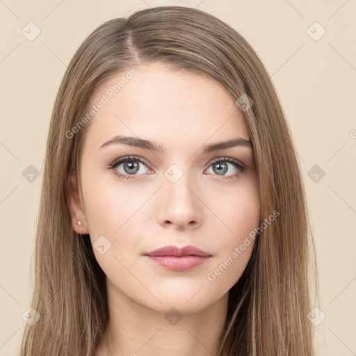 Neutral white young-adult female with long  brown hair and brown eyes