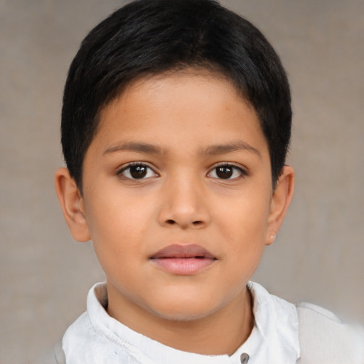 Joyful latino child female with short  brown hair and brown eyes