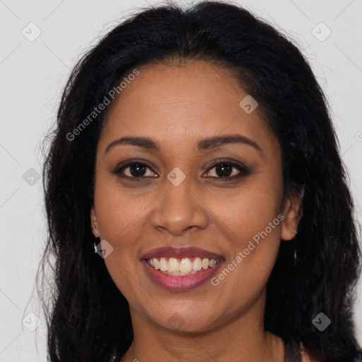 Joyful latino young-adult female with long  brown hair and brown eyes