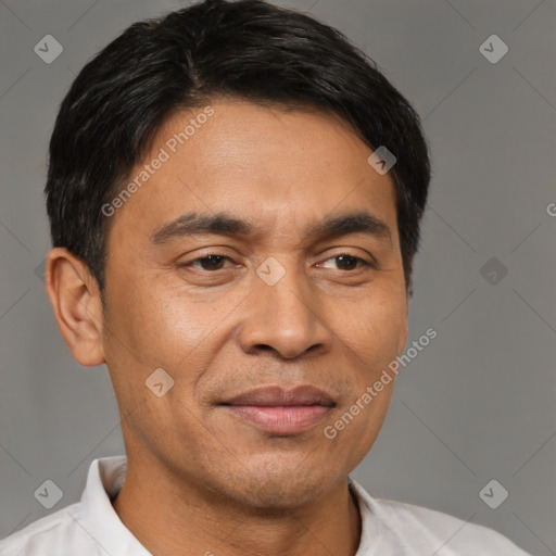 Joyful asian adult male with short  black hair and brown eyes