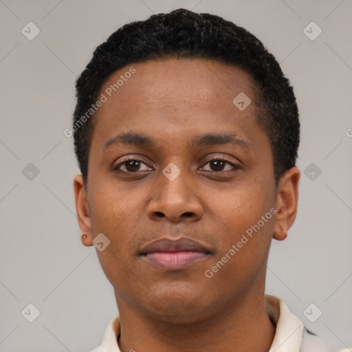 Neutral black young-adult male with short  black hair and brown eyes